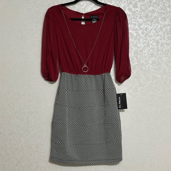 EnFocus Studio NWT Mini Dress Slit Sheer 3/4 Sleeve‎ Red Black White Polka Dot 4 - Picture 1 of 8